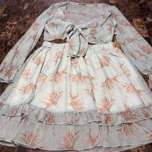 SHEIN Curve Light Blue and Peach Floral Tie-Front Two-Piece Set